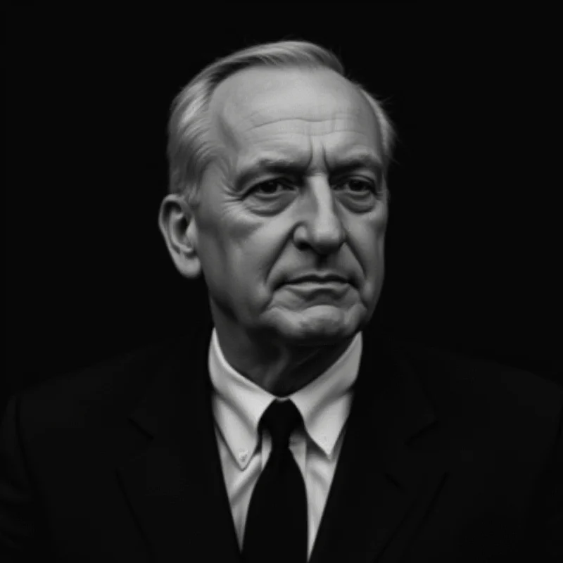 A black and white portrait of a man in his late 40s or early 50s. He has a serious, contemplative expression. He is wearing a suit and tie. The background is a plain, dark color.