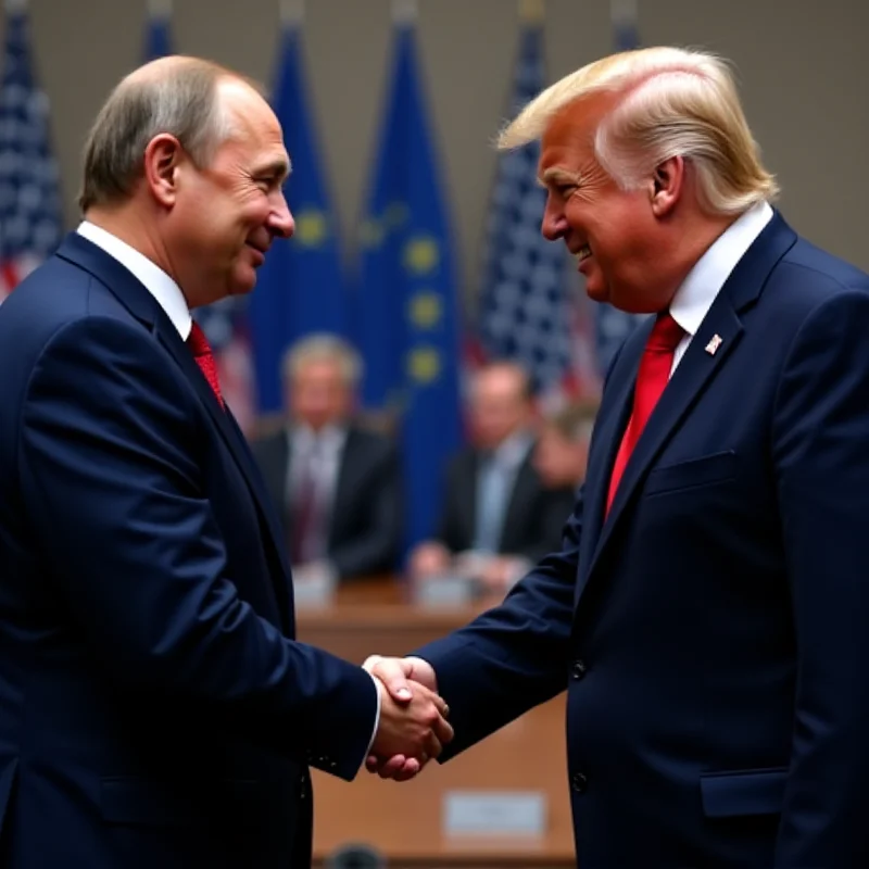 A split image showing Vladimir Putin shaking hands with Donald Trump on one side, and a group of European leaders in a meeting on the other side, symbolizing the contrasting approaches to dealing with Russia.