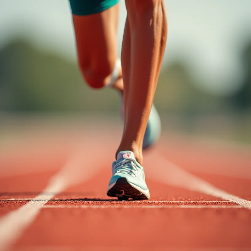 Close-up of a runner's legs and feet on a track
