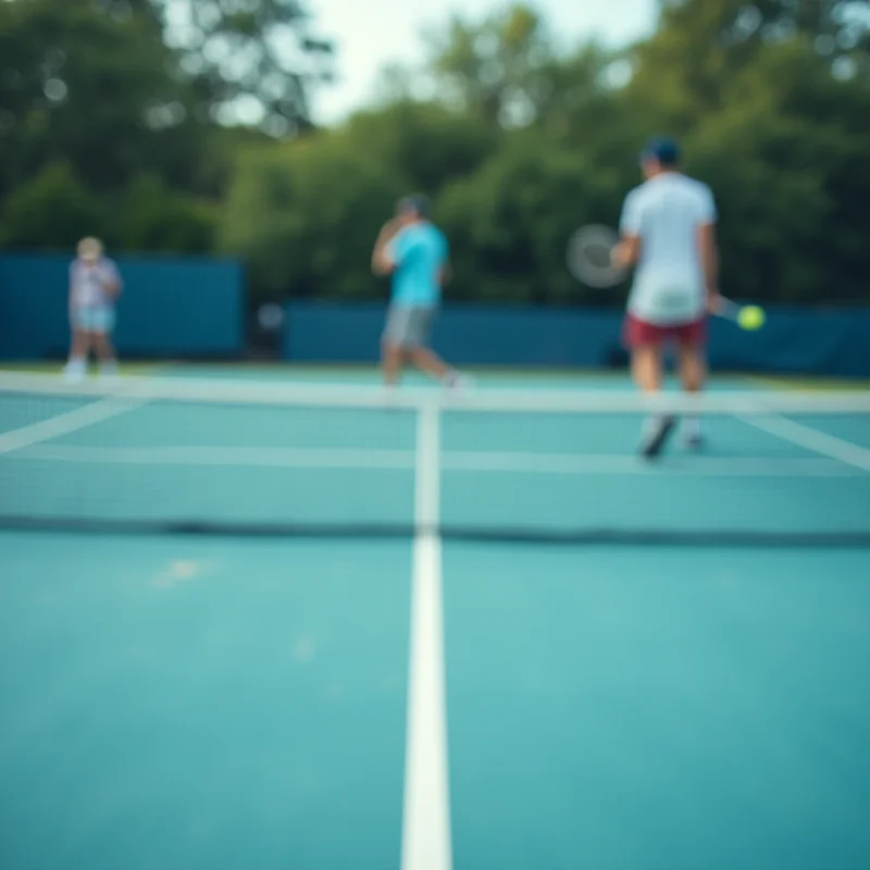 Tennis court during a match, blurred background