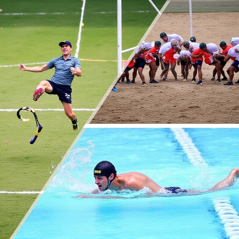 A collage of a tennis court, rugby field, and swimming pool