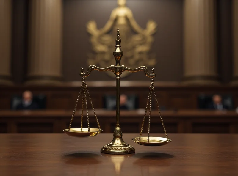 Illustration of a courtroom with scales of justice in the background, symbolizing the legal proceedings surrounding La Manada.