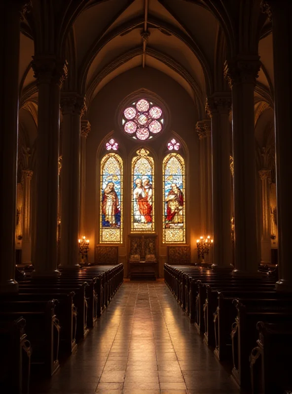 A serene image of a church interior with stained glass windows, symbolizing the Navarra Church and its commitment to compensating victims of pedophilia.