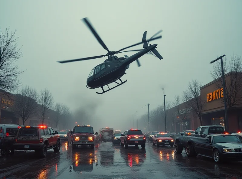 News helicopter hovering over the scene of a plane crash near a shopping center.