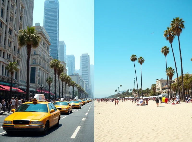 A split image showing a bustling street in New York City on one side and a relaxed beach scene in Los Angeles on the other.