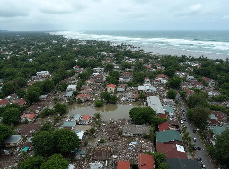 Aerial view of La Réunion after Cyclone Garance, showing flooded areas and damaged buildings.