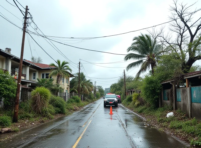 Damaged infrastructure in La Réunion after Cyclone Garance, including downed power lines and debris-filled streets.