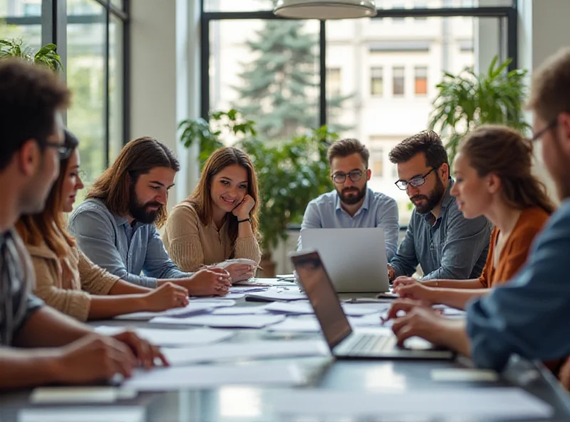 Diverse group of workers collaborating in a modern office setting