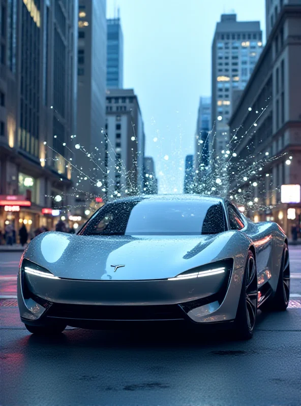 A modern electric vehicle parked in a city setting, with a subtle overlay of digital data streams