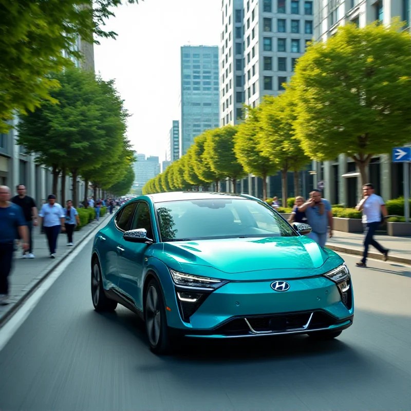 A sleek, modern Hyundai Inster electric car driving through a vibrant city street