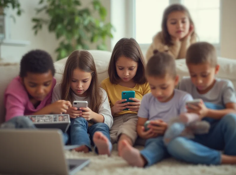 Illustration of children using smartphones, with a concerned parent in the background.