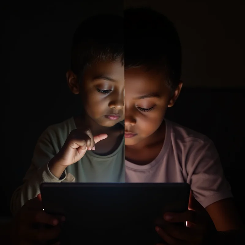 A split image showing a child using a tablet on one side and a starving child on the other, highlighting the competing priorities of online safety and foreign aid.