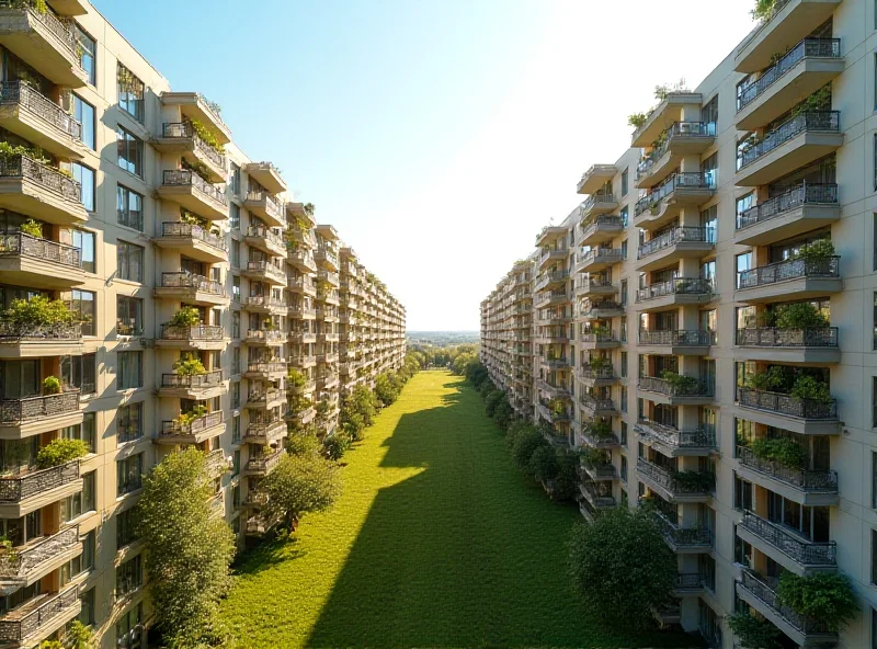 An aerial view of rows of modern apartment buildings in a city, bathed in warm sunlight. The buildings have balconies and large windows, and green spaces are visible between them. The sky is clear and blue.