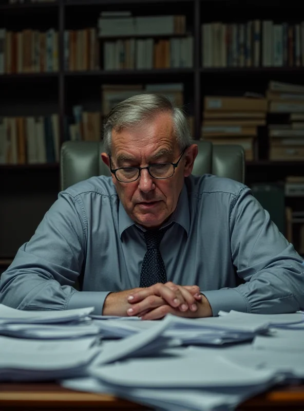 A concerned-looking town hall official sitting at a large desk piled high with papers. The official is wearing glasses and has a stressed expression. The background shows a dimly lit office with shelves full of files.