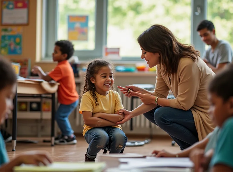 A teacher kneeling down and helping a young student with special needs in a classroom. The student is smiling and engaged with the teacher. Other students are working quietly in the background. The classroom is brightly lit and decorated with colorful posters.
