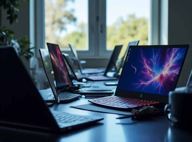 A person browsing laptops on a desk, illuminated by natural light from a window, showcasing a variety of laptops including gaming laptops with RGB lighting and sleek ultrabooks.