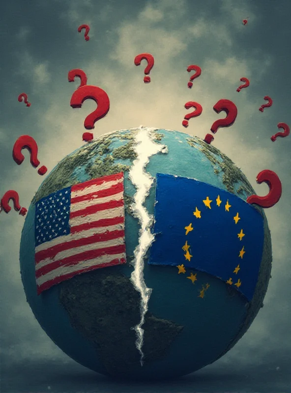 A digital illustration showing a globe with the US and EU flags facing each other, surrounded by question marks.