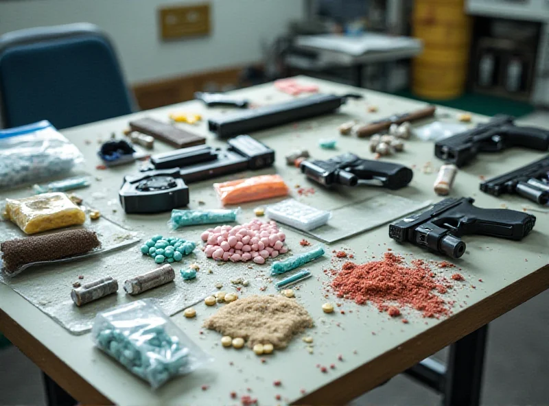 A police officer examining drugs and firearms seized during a drug bust, with forensic equipment visible in the background.