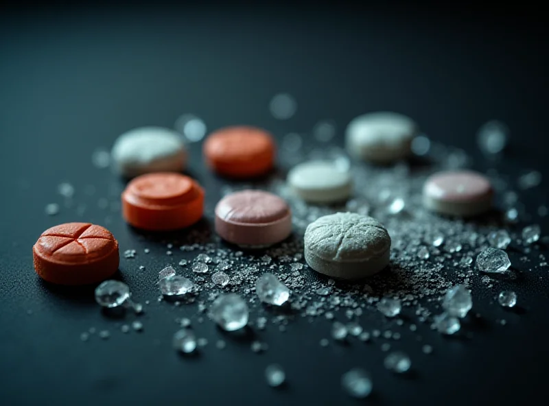 A close-up of fentanyl pills and methamphetamine crystals, representing the dangers of drug abuse and trafficking.