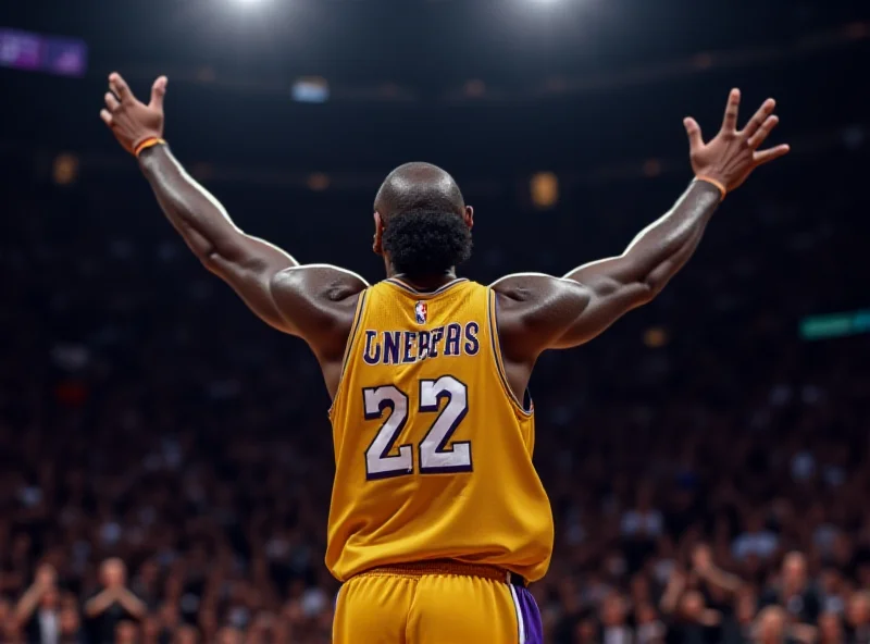 LeBron James celebrating a basket with his arms raised