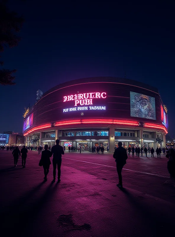 Exterior of a modern sports arena at night with bright lights