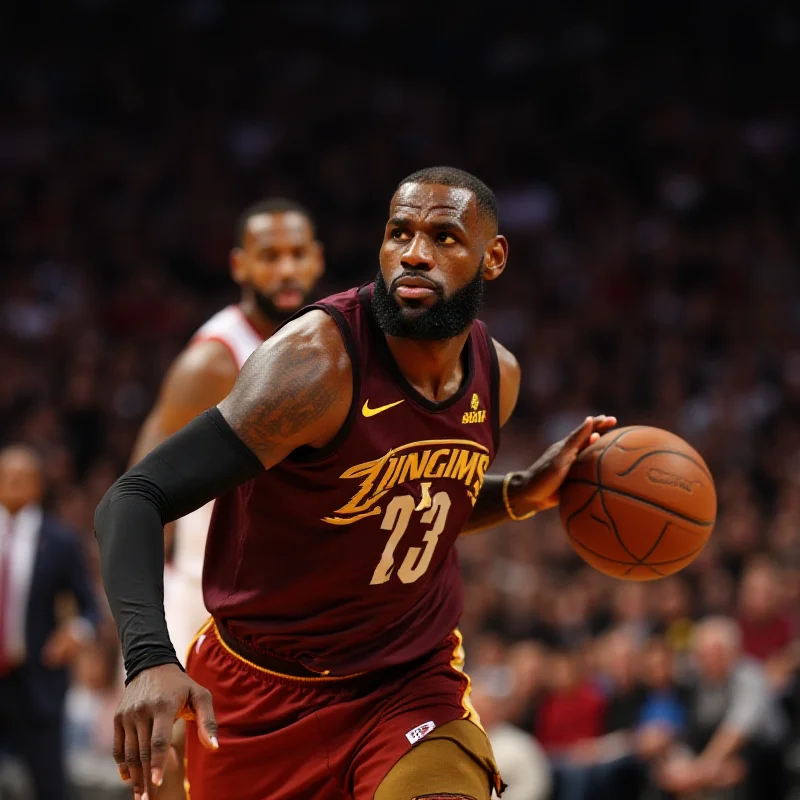 Close-up of LeBron James dribbling a basketball, focused expression