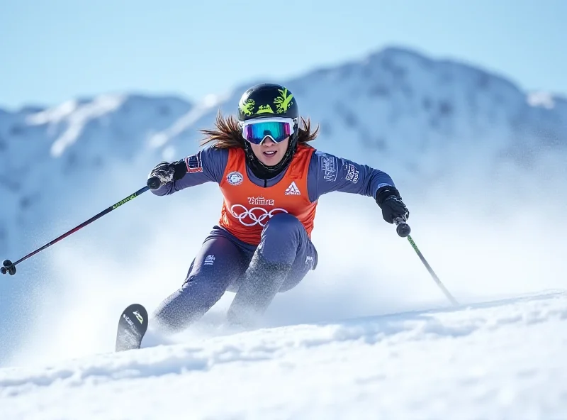 Ester Ledecka skiing downhill at high speed during a super-G race.