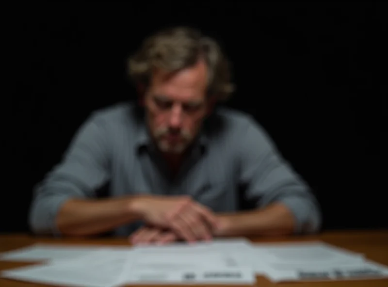 A distressed man sitting at a table covered in legal documents.