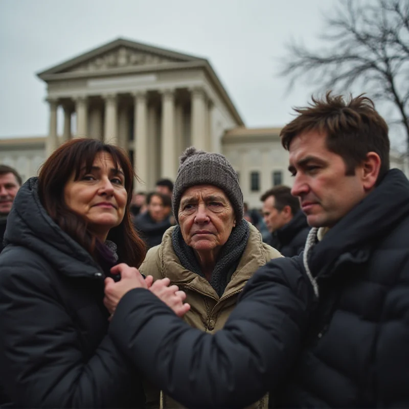 Image depicting a grief-stricken family outside a courthouse.