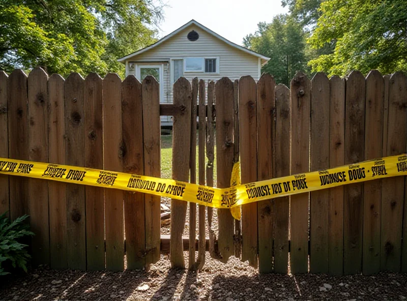 A damaged fence in front of a modest family home, with police tape visible in the background.
