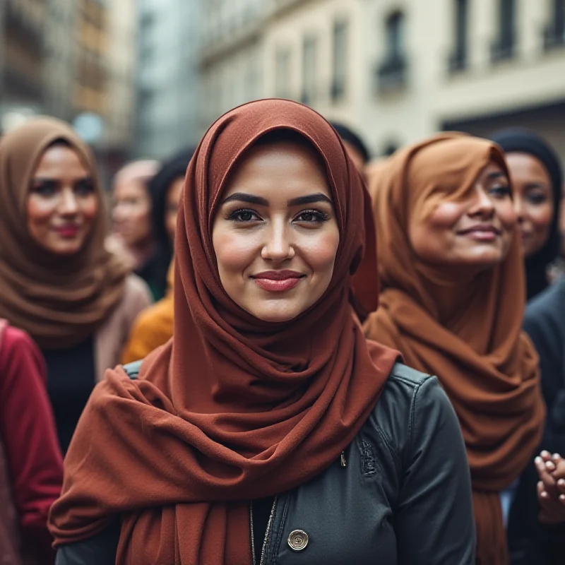 A diverse group of women, some wearing hijabs, standing together in solidarity and discussion