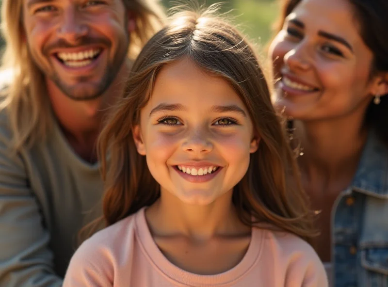 A young girl with a bright smile, surrounded by her loving family, creating a portrait of warmth and affection.