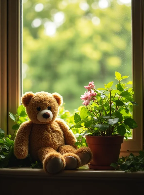 A teddy bear sitting on a windowsill, overlooking a peaceful garden, symbolizing comfort and remembrance.