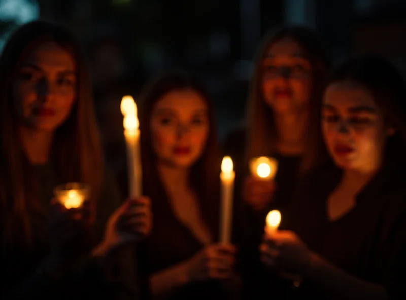 A group of people holding candles in a vigil, their faces reflecting sorrow and solidarity, against a backdrop of a darkened street.
