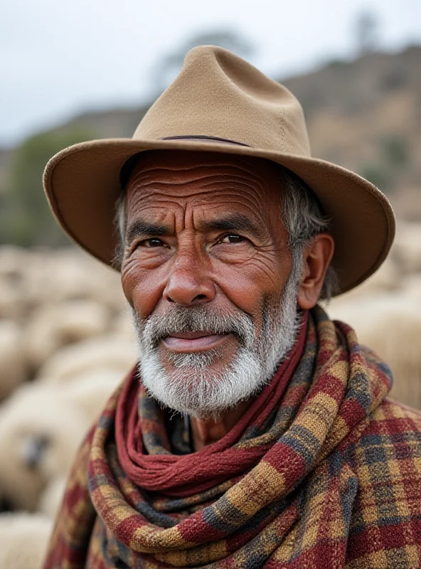 A close-up of a Basotho shepherd wearing a traditional blanket and hat, tending to his sheep on a rocky hillside in Lesotho.