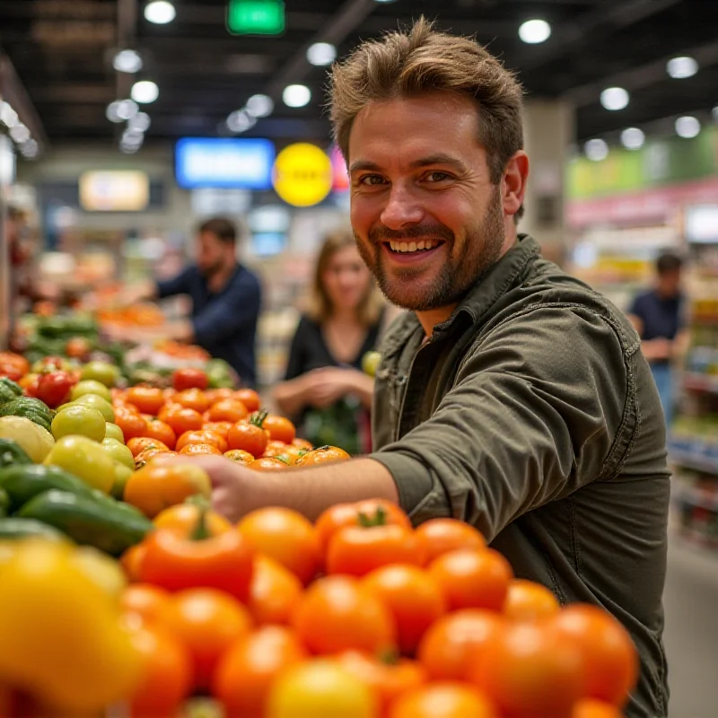 Happy customer buying rescued fruits and vegetables at a Lidl store