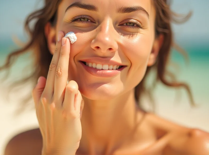 Close-up of a person applying sunscreen to their face with a happy expression.
