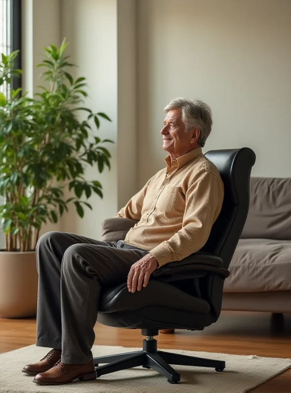 A person relaxing in a comfortable chair with good back support, smiling contentedly.