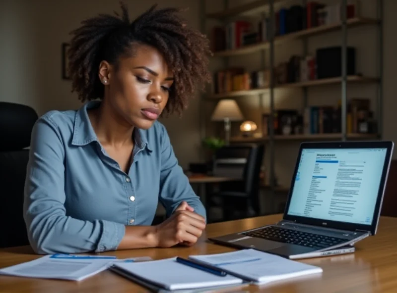 A person reviewing their resume on a laptop, looking concerned.