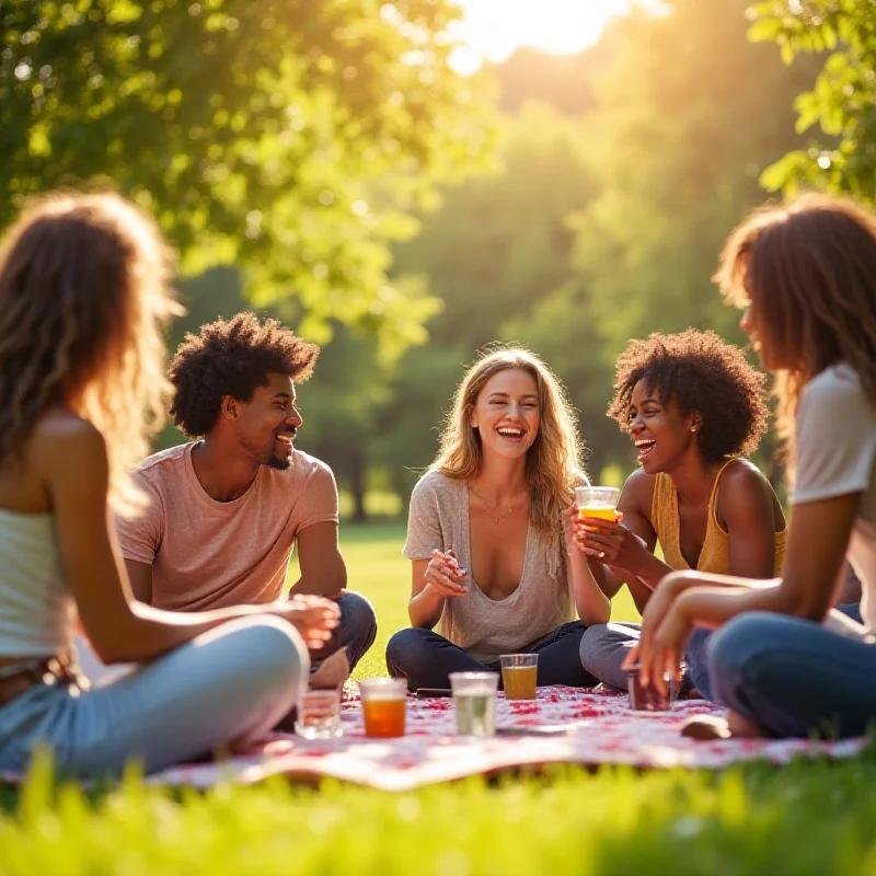 A diverse group of people laughing and enjoying each other's company outdoors.