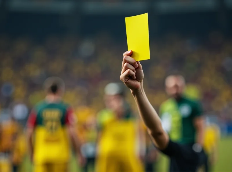 A referee holding up a yellow card during a Ligue 1 match.