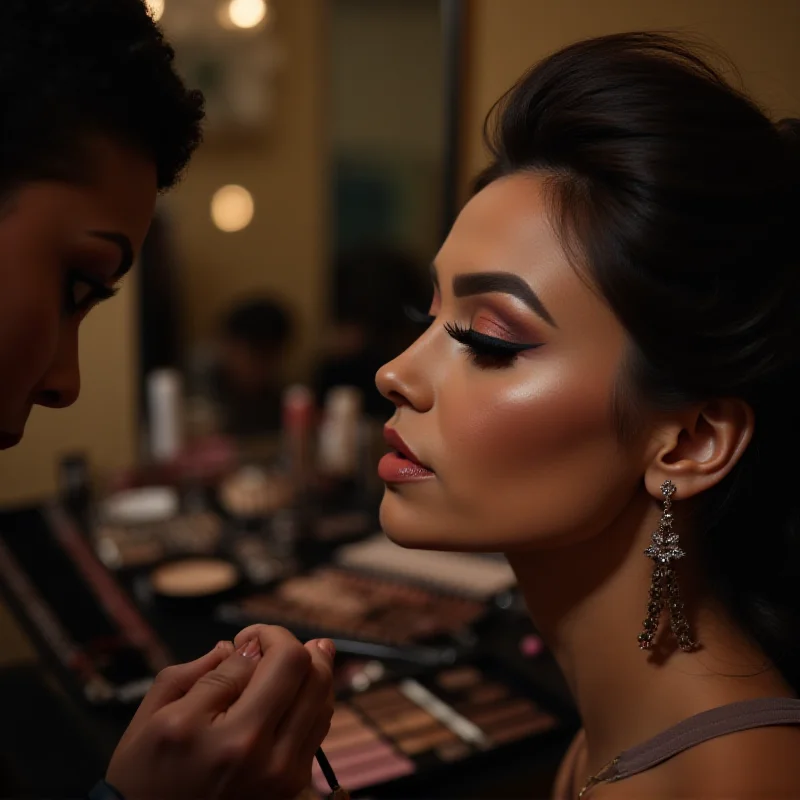 Close-up shot of a makeup artist applying finishing touches to a celebrity's makeup before a red carpet event.
