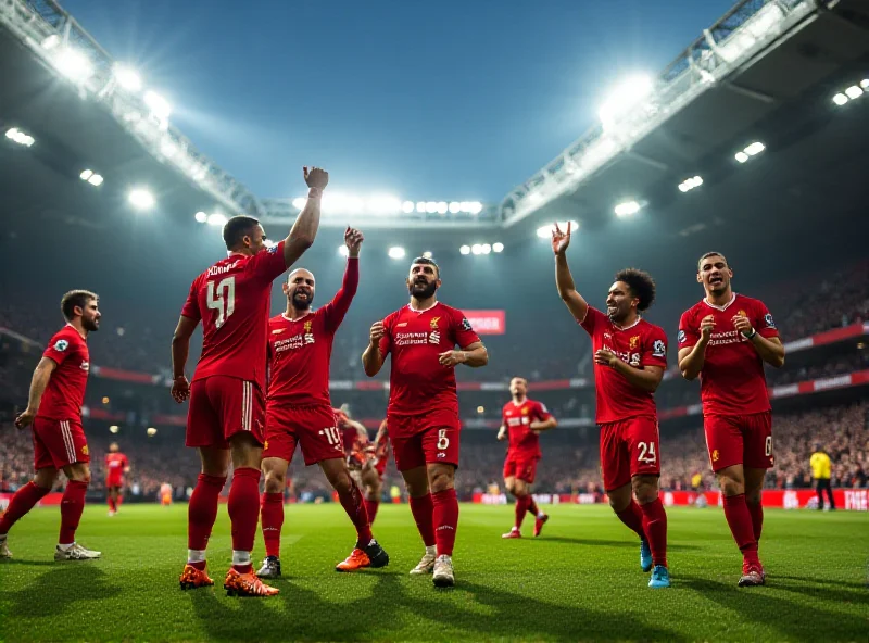 Liverpool players celebrating a goal at Anfield stadium with fans cheering in the background. The stadium is brightly lit and filled with energy.