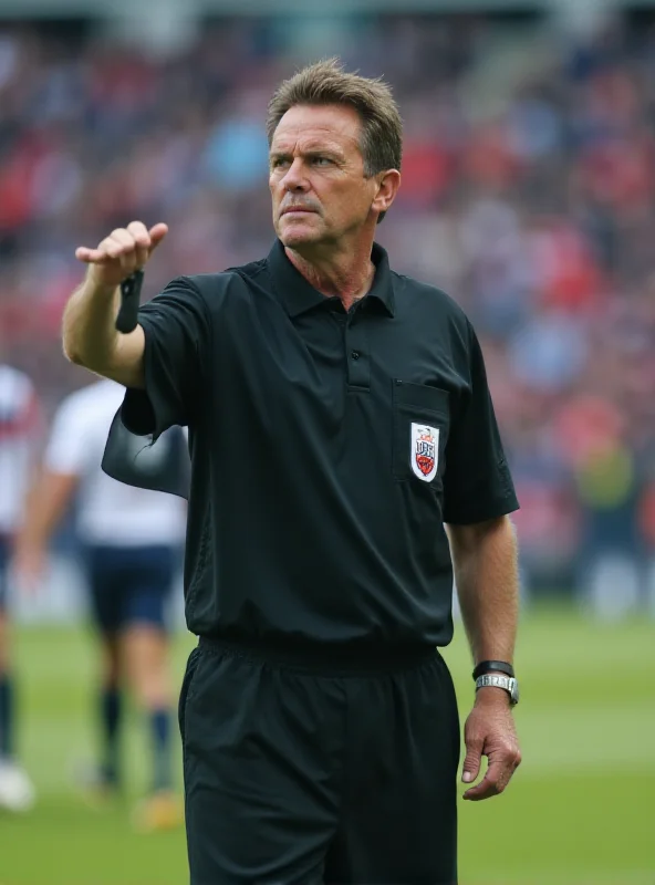 A referee standing on a football pitch, looking focused and determined. He is surrounded by players from opposing teams, and the stadium is packed with spectators.