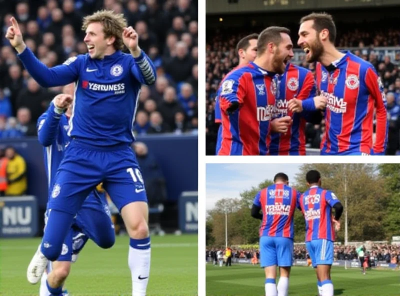 A collage of football action shots. One image shows Chelsea players celebrating a goal, another shows Crystal Palace players in a huddle, and the third shows Aston Villa players looking dejected.
