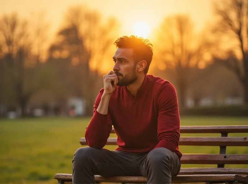 A former Liverpool player looking thoughtful and concerned, sitting alone on a park bench in the late afternoon sun.