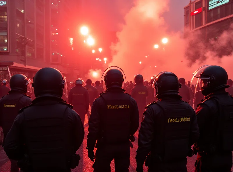 A chaotic scene outside a stadium, with Liverpool fans struggling against barriers and police in riot gear.