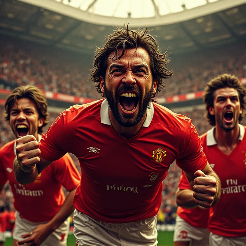 A digital illustration of Martin Keown roaring fiercely in the face of Ruud van Nistelrooy during a tense Manchester United vs Arsenal match.