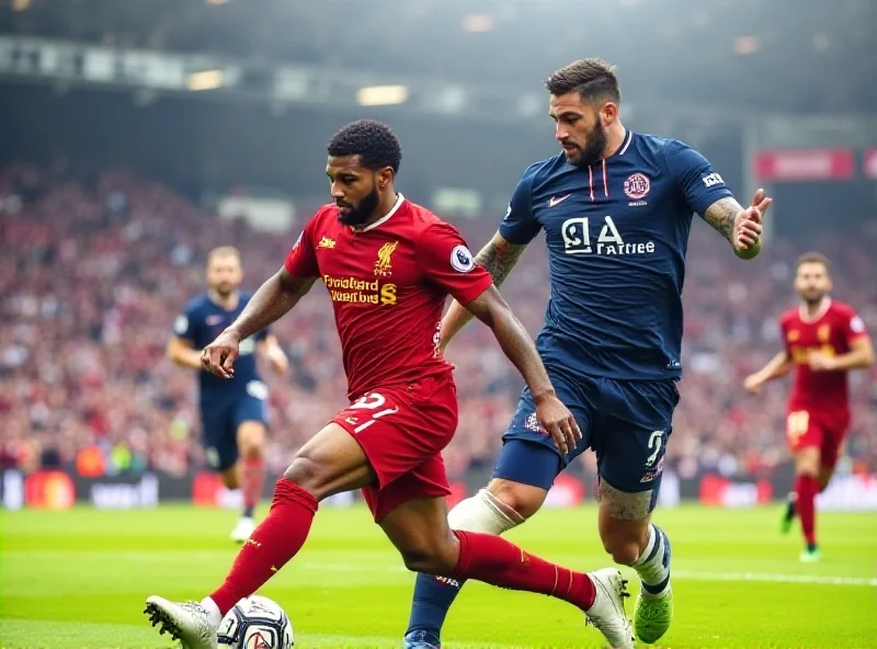 Action shot from the PSG vs Liverpool Champions League match showing a Liverpool player challenging a PSG player for the ball.