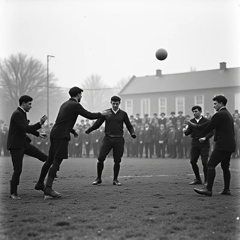 An old photograph of a football match from the late 19th century, showing a football goal with a net.